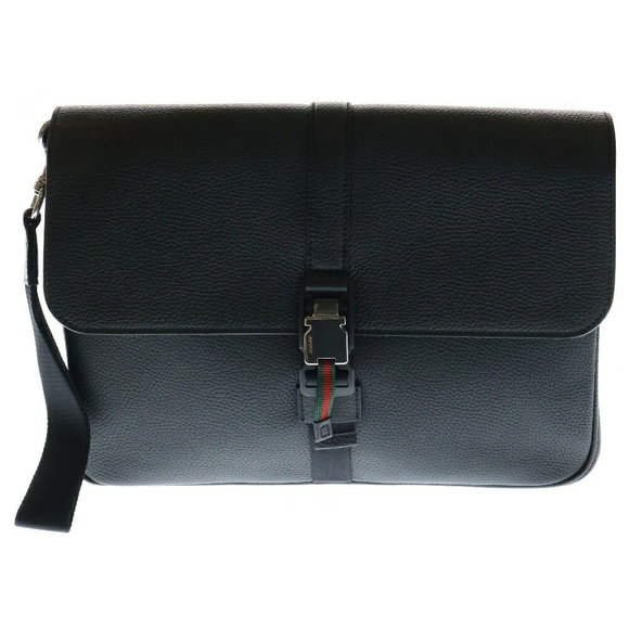 Gucci Business Case Web Stripe Black Leather Shoulder Bag - Picture 1 of 5